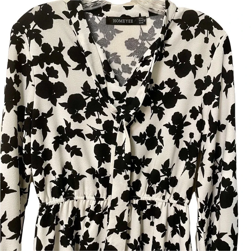 Homeyee Womens Black White Floral‎ Long Sleeve V-Neck Tie Waist Dress Size 6 M